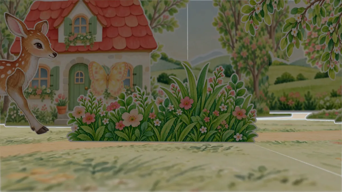 Low inside the book: the fawn steps past a red-roofed paper cottage, a butterfly in front of the door, grass at the bottom of the frame blurred by depth of field