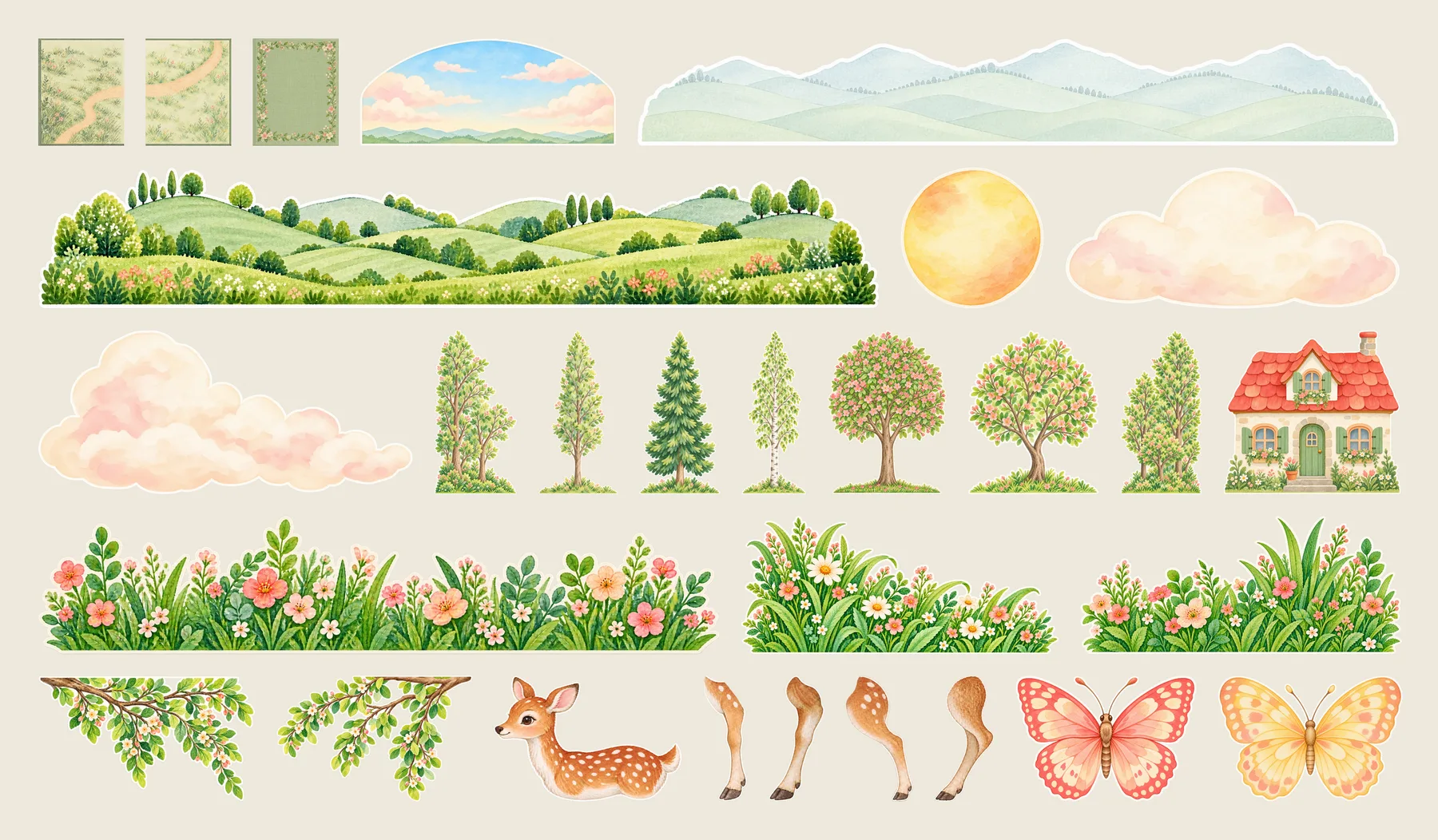 Twenty-nine flat watercolour cut-outs laid out on a sheet: two book pages, a cover, a sky, hills, mountains, a sun, two clouds, seven trees, a cottage, three strips of grass and flowers, two branches, a fawn's body, its four legs and two butterflies