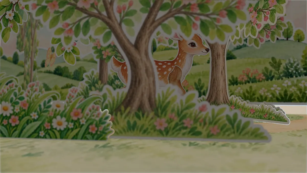 The fawn half hidden behind the trunk of a blossom tree, paper grass in front of it and painted hills behind
