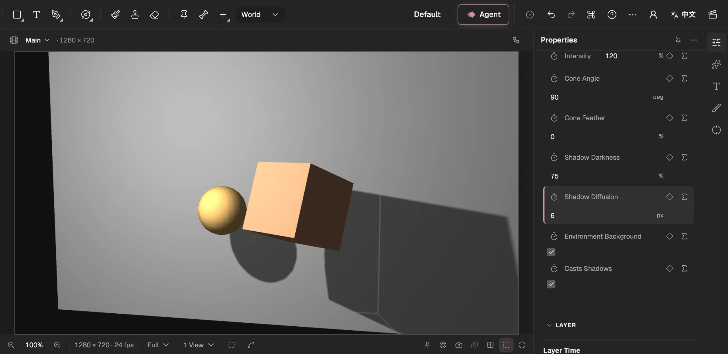 A box and a sphere in front of a wall, lit from the upper left by a point light and casting soft shadows on the wall, with the light’s options in Properties.