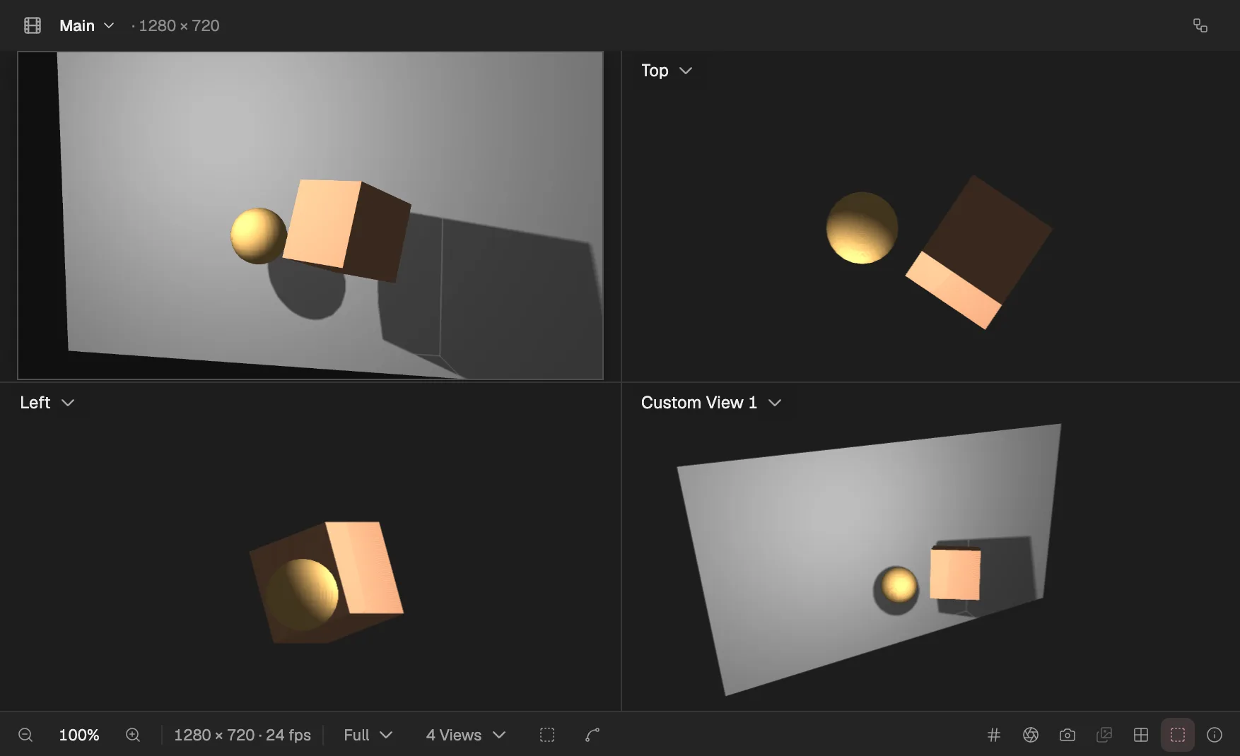 The same scene in four views: through the camera, from the top, from the left and from a custom view at an angle.