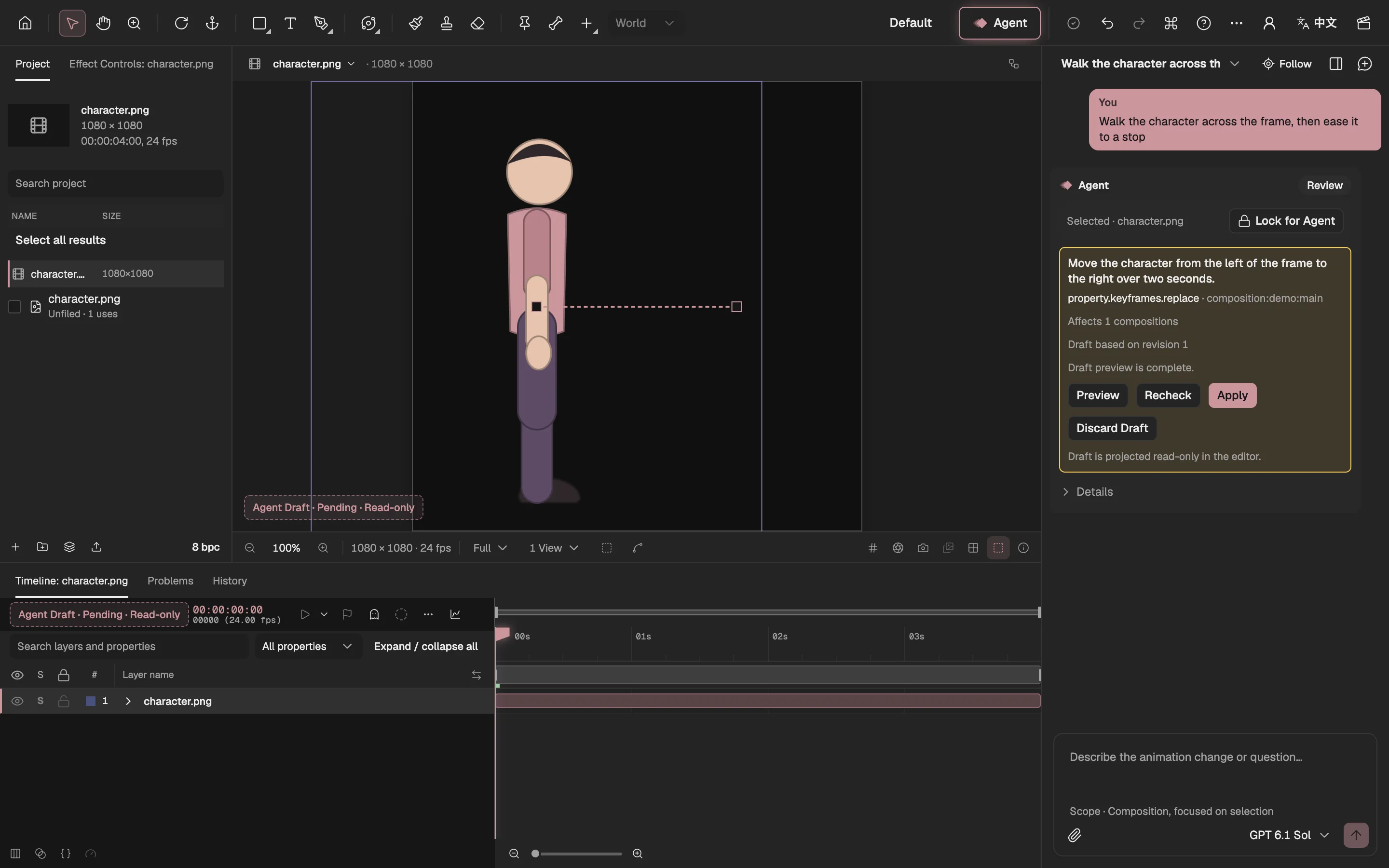 A draft waiting in the Agent panel: the character’s new motion path in the Viewer, and the read-only label in the Viewer and the Timeline.