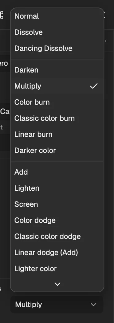 The Blend mode menu open in Properties with Multiply chosen; lines divide its groups.