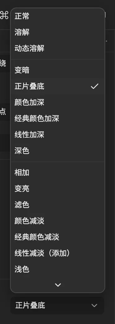 在属性面板中打开的混合模式菜单,选中了“正片叠底”;分隔线把各组分开。