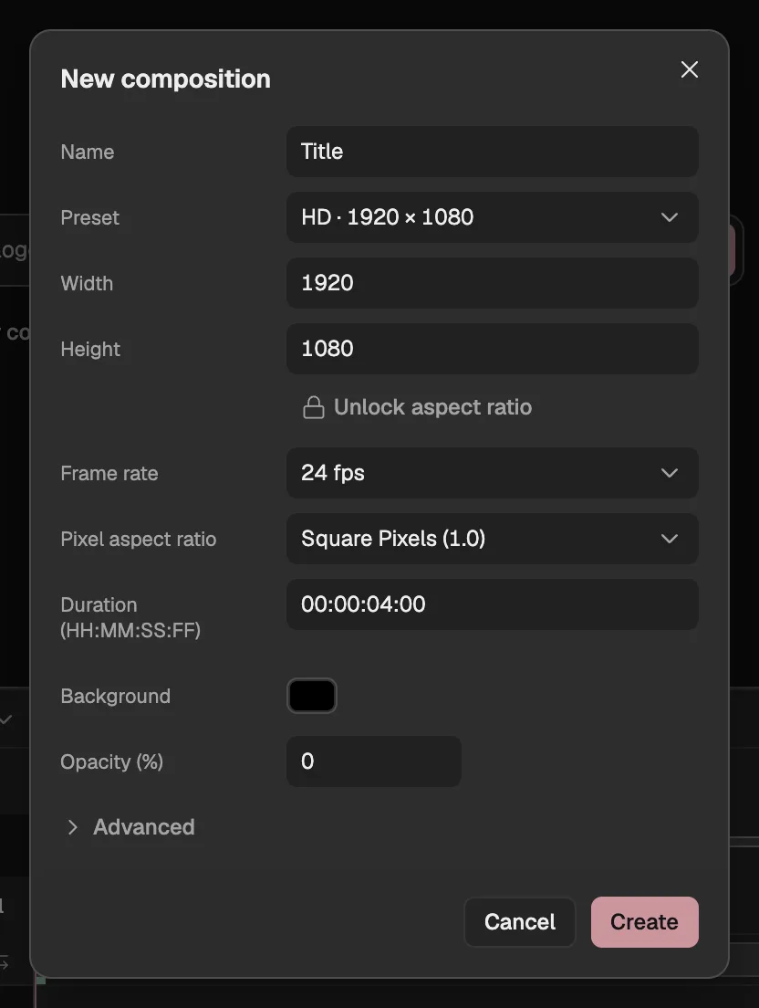 The New composition dialog with the HD preset chosen: name, preset, width and height, frame rate, pixel aspect ratio, duration, background, and the Advanced section closed.