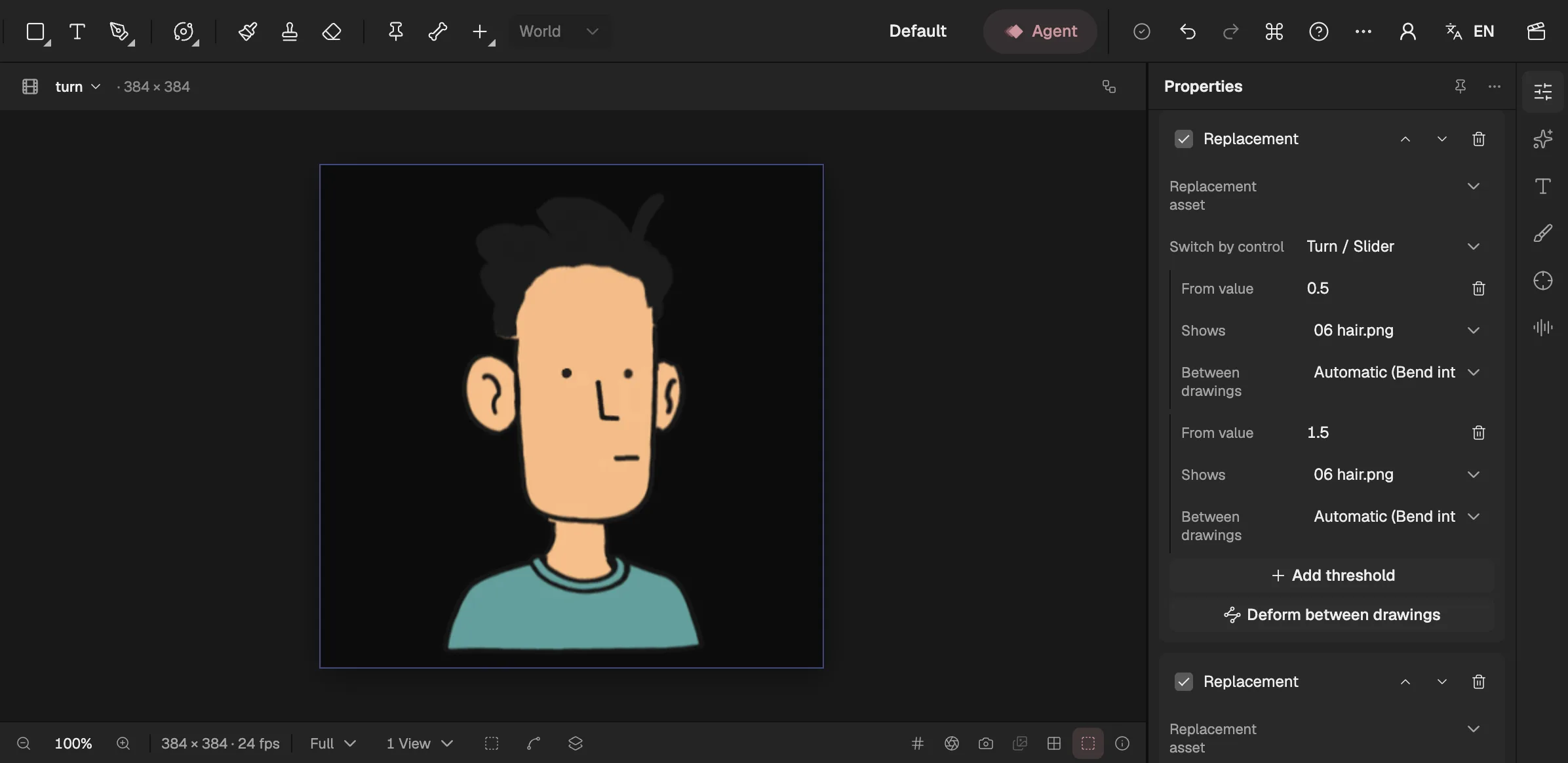A character halfway between its front and three-quarter views, its parts slid and its hair bent between the two drawings, with the hair's Replacement open in Properties showing Deform between drawings and the choice for its switch.