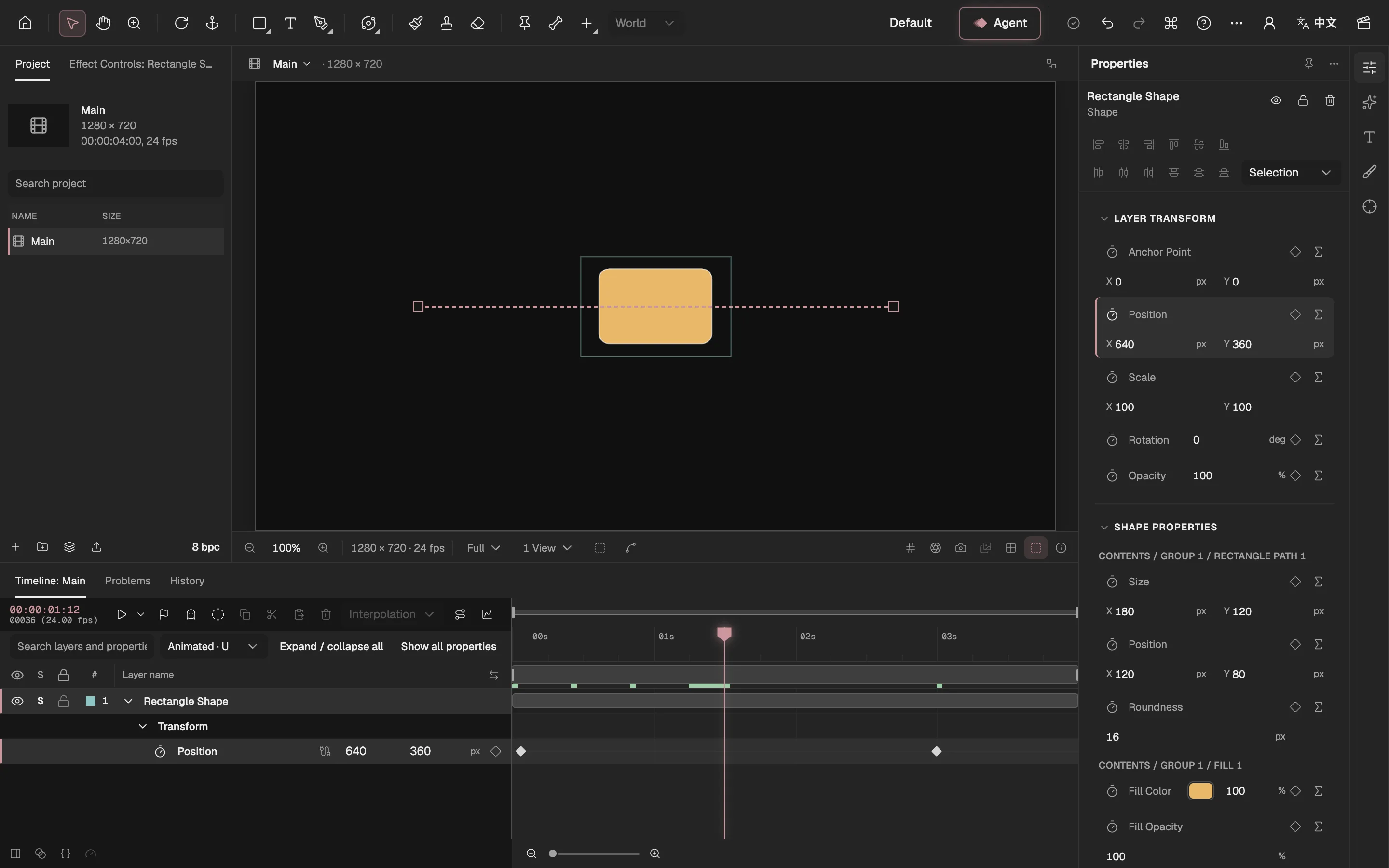 The Keyframe editor, with one rectangle layer animated across the composition.