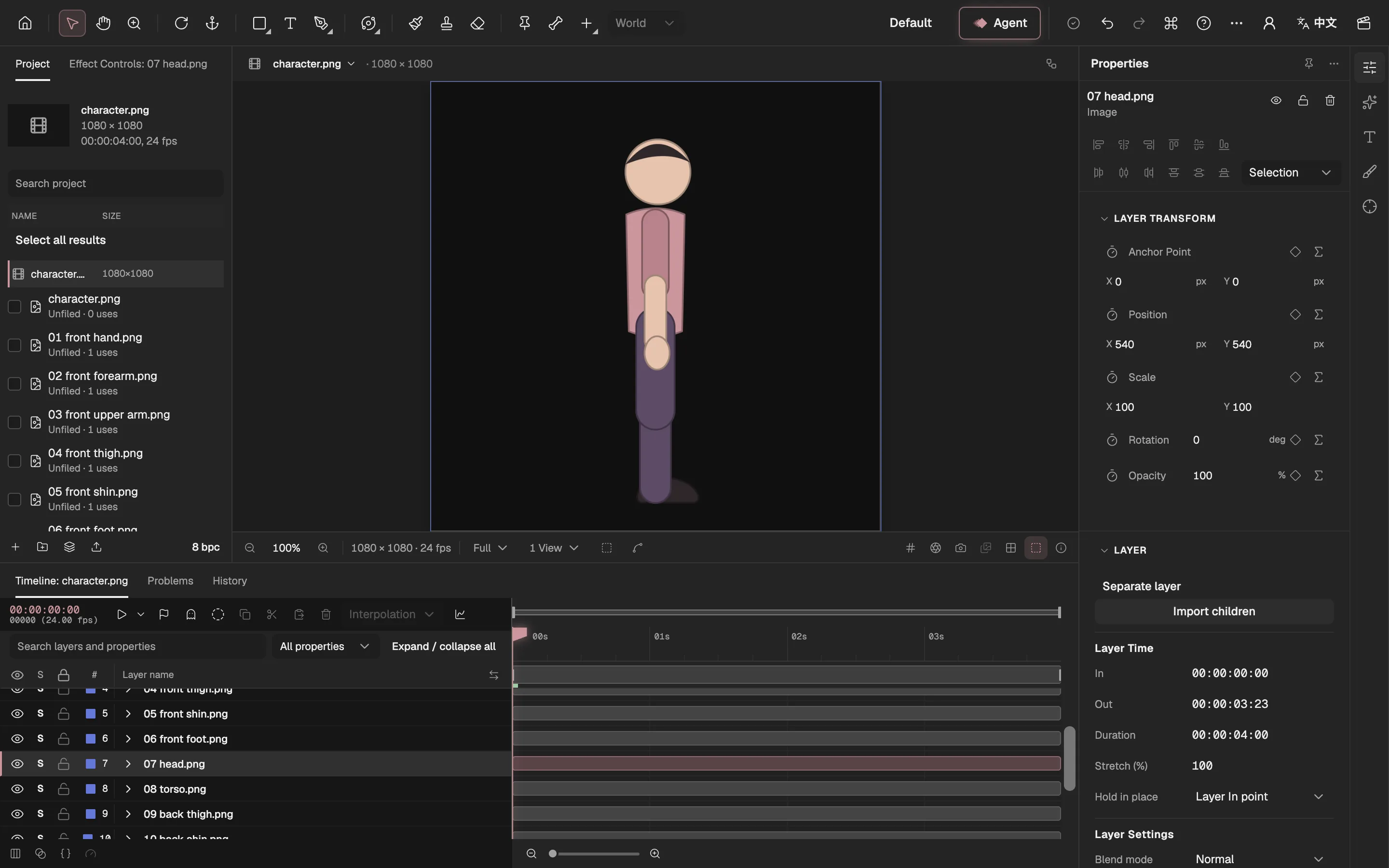 The editor with a character made of separate parts: the picture in the Viewer, one layer per part in the Timeline, and the selected layer’s properties.