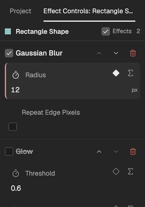 Effect Controls for a rectangle shape layer: Gaussian Blur with its Radius keyframed, and Glow below it, switched off.