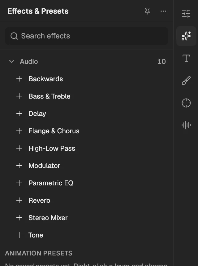 Effects & Presets with Audio open, a layer selected so its effects can be added.