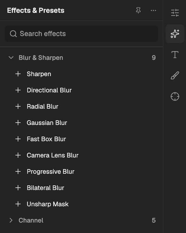 Effects & Presets with Blur & Sharpen open, a layer selected so its effects can be added.