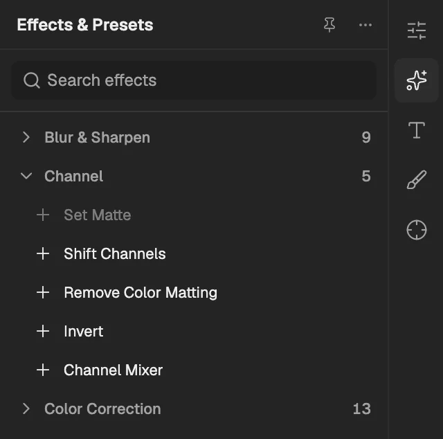 Effects & Presets with Channel open, a layer selected so its effects can be added.