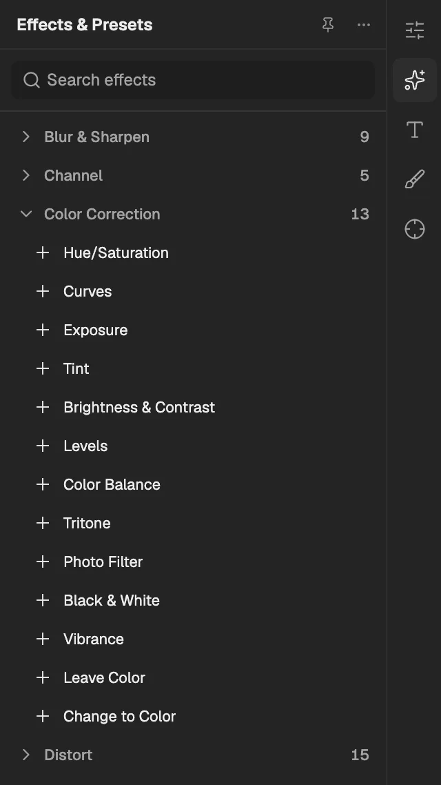 Effects & Presets with Color Correction open, a layer selected so its effects can be added.