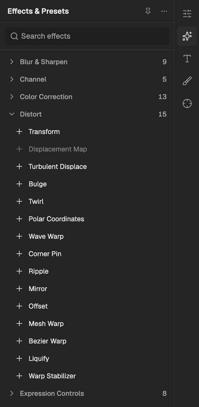 Effects & Presets with Distort open, a layer selected so its effects can be added.