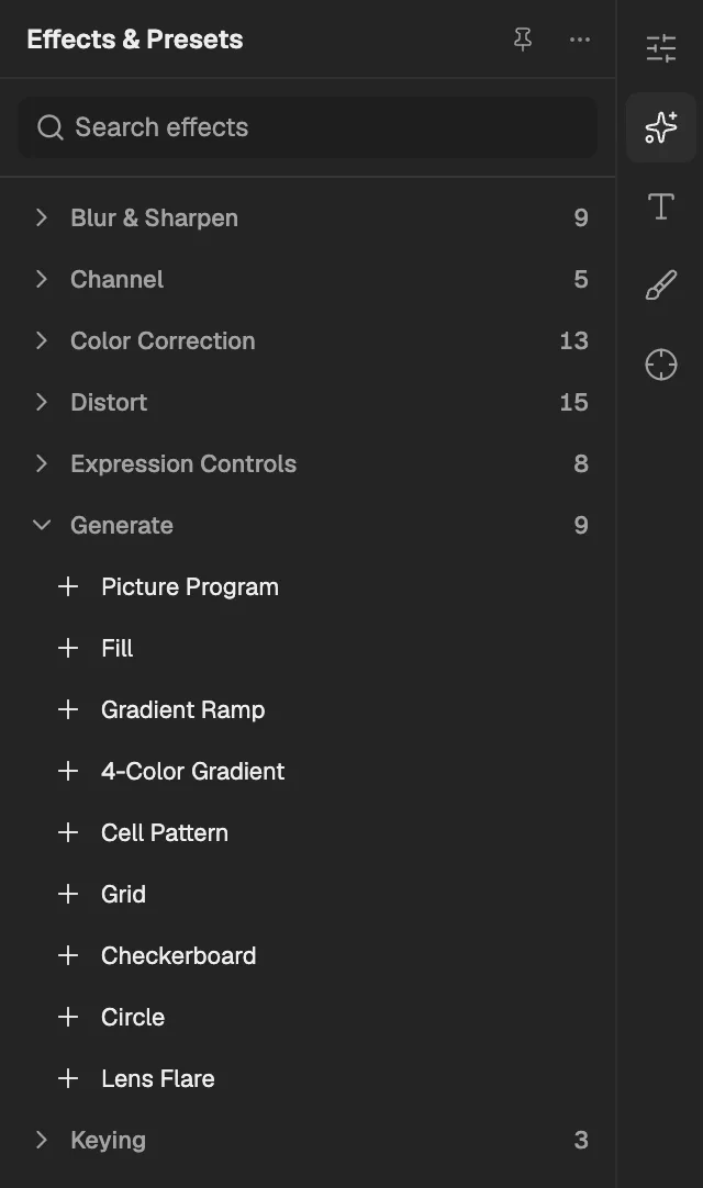 Effects & Presets with Generate open, a layer selected so its effects can be added.