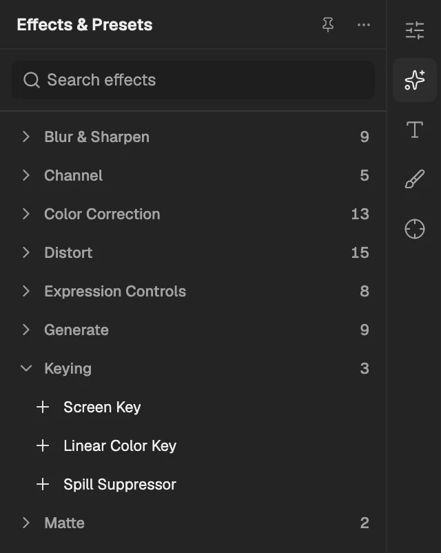 Effects & Presets with Keying open, a layer selected so its effects can be added.