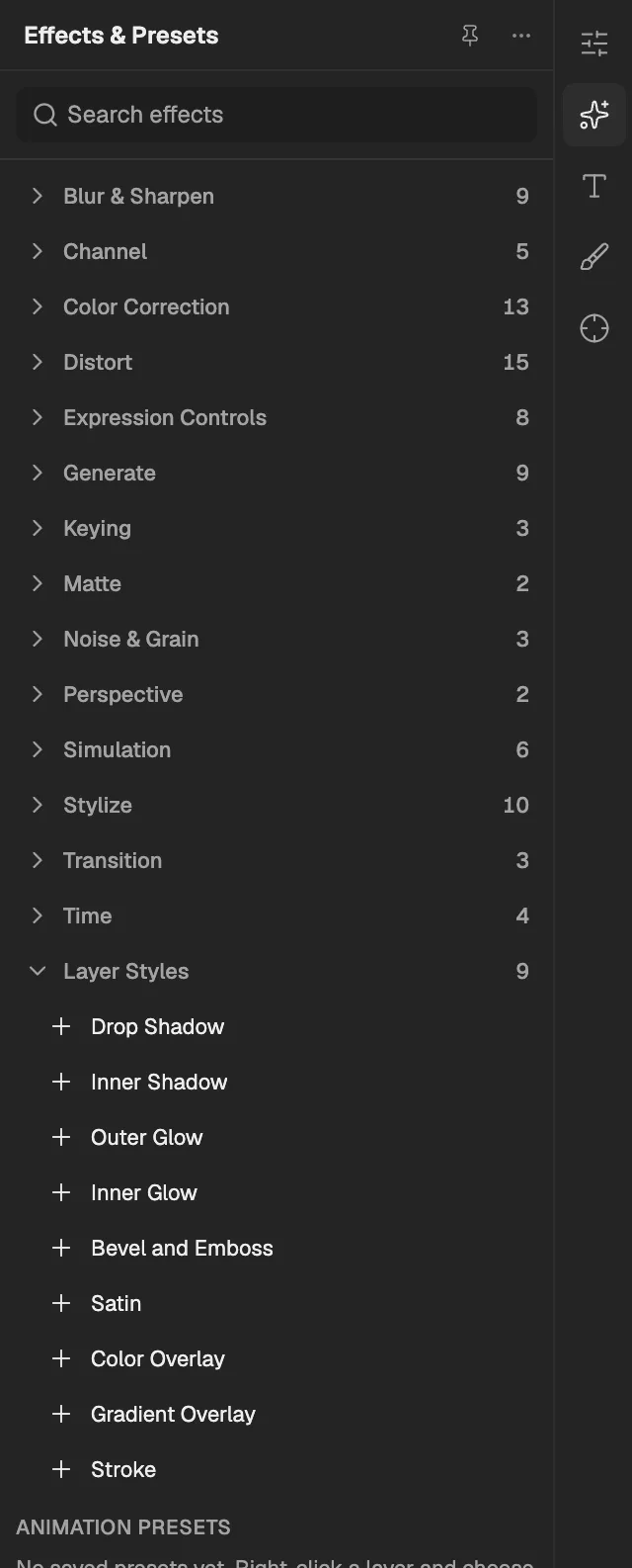 Effects & Presets with Layer Styles open, a layer selected so its effects can be added.