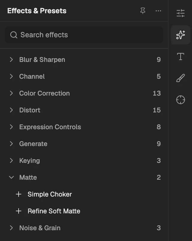 Effects & Presets with Matte open, a layer selected so its effects can be added.