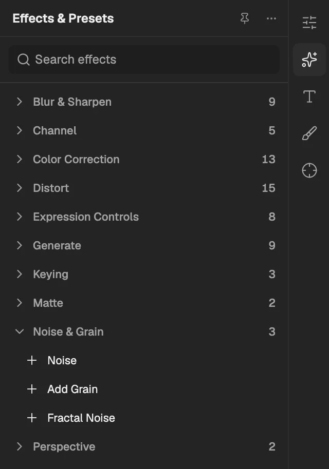 Effects & Presets with Noise & Grain open, a layer selected so its effects can be added.