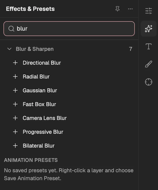Effects & Presets with “blur” in its search: the Blur & Sharpen category open with its effects, and the Animation Presets list below.