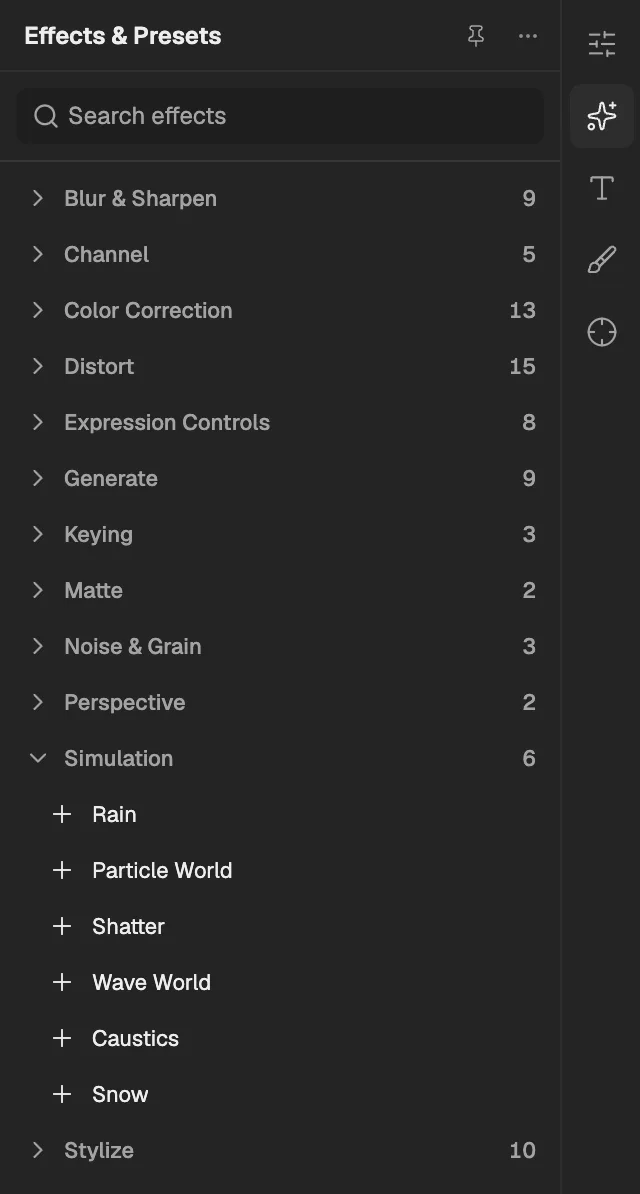 Effects & Presets with Simulation open, a layer selected so its effects can be added.