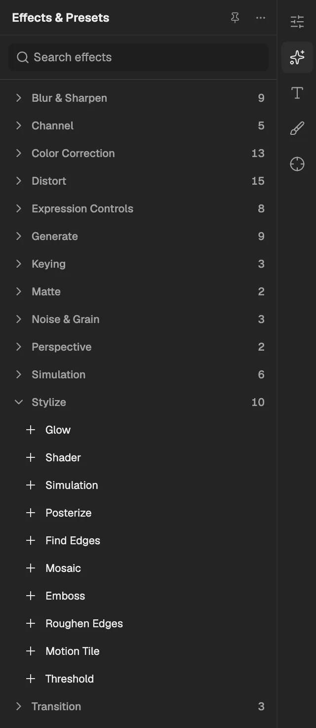 Effects & Presets with Stylize open, a layer selected so its effects can be added.