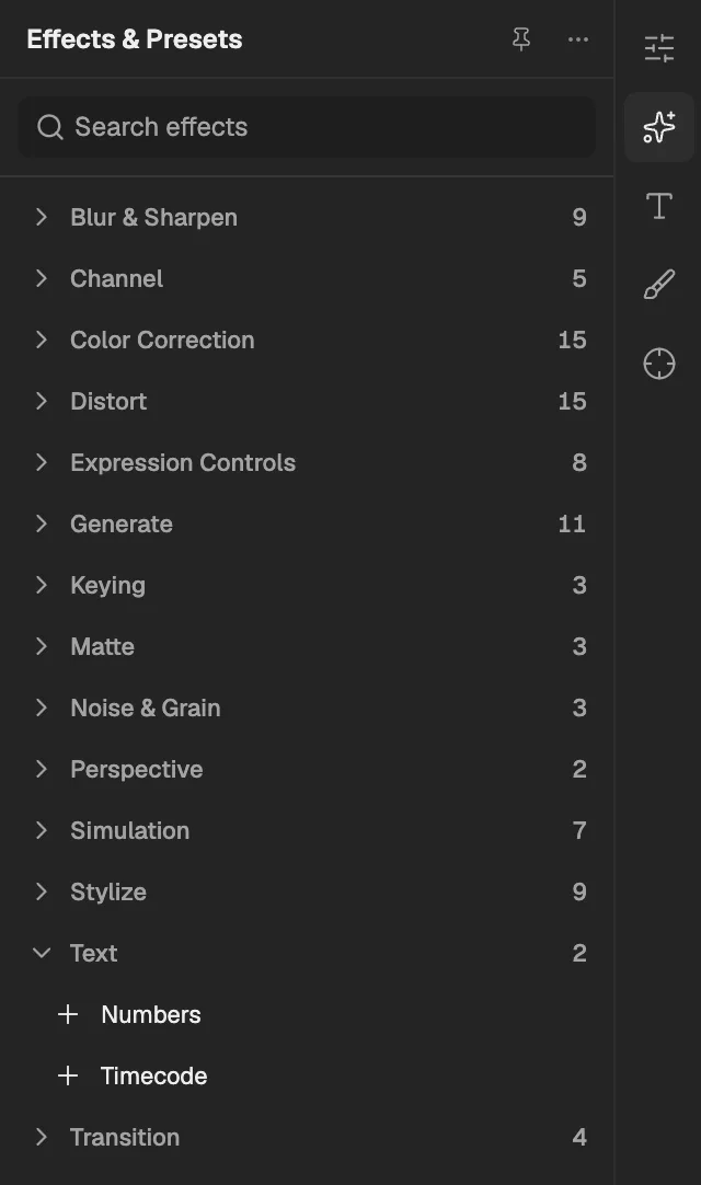 Effects & Presets with Text open, a layer selected so its effects can be added.