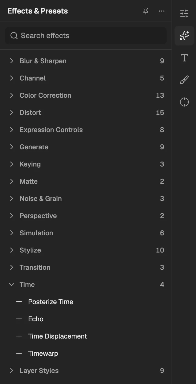 Effects & Presets with Time open, a layer selected so its effects can be added.