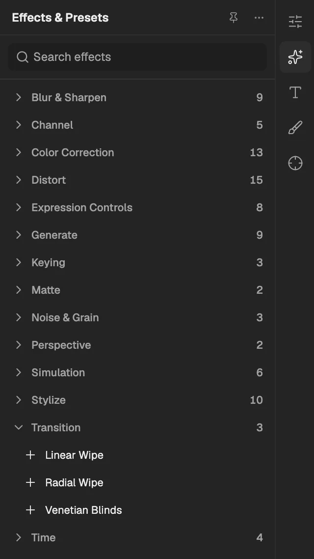 Effects & Presets with Transition open, a layer selected so its effects can be added.