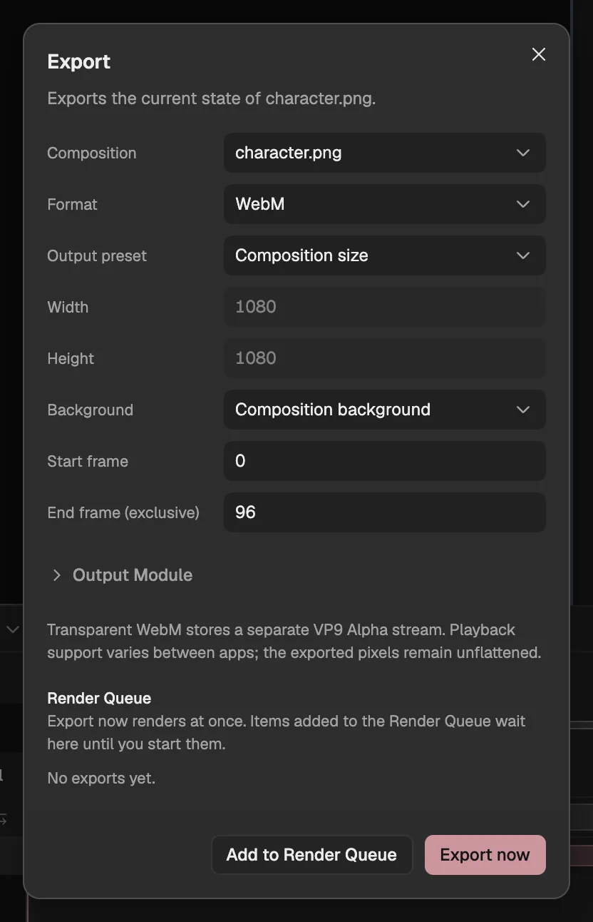 The Export dialog set to WebM, with the composition background and the full frame range.