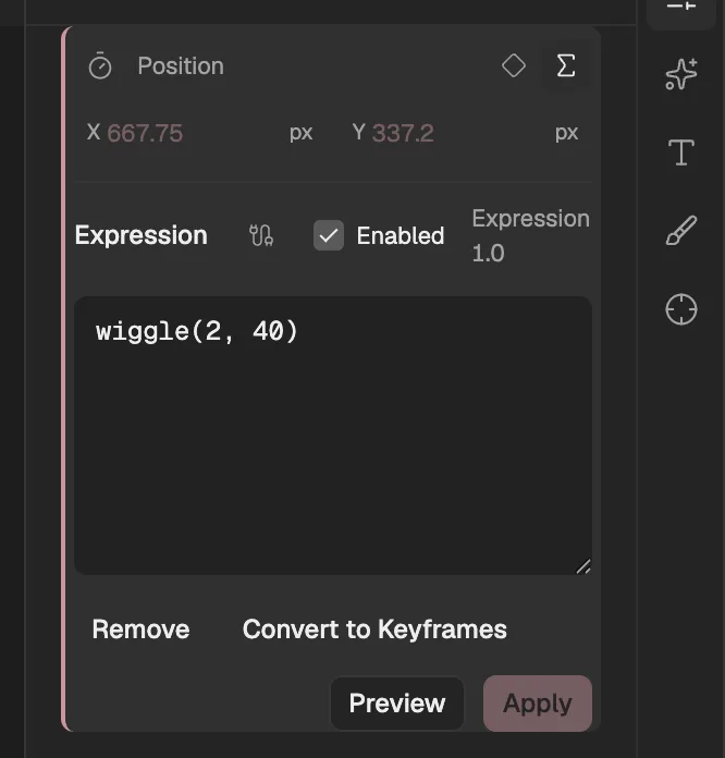 The Properties panel with an expression on a shape layer’s Position: the expression button, the values it gives, and the expression itself.