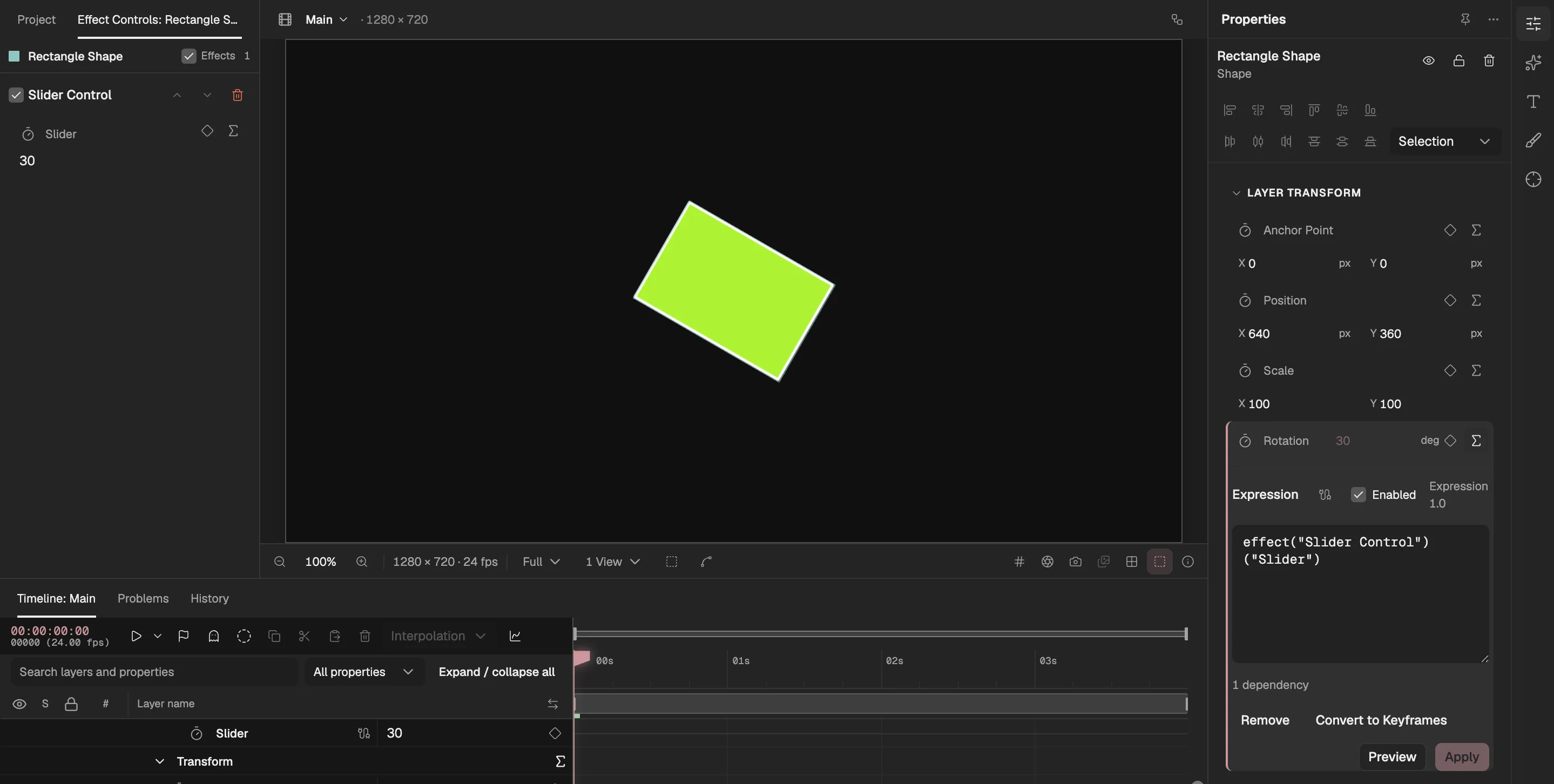 A rectangle shape layer whose Rotation is linked to a Slider Control: the slider in Effect Controls, and in Properties the expression the linker wrote.
