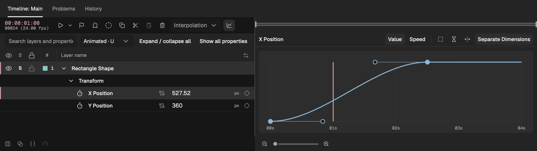The Graph Editor showing X Position eased between two keyframes: an S-shaped curve with a handle at each keyframe.