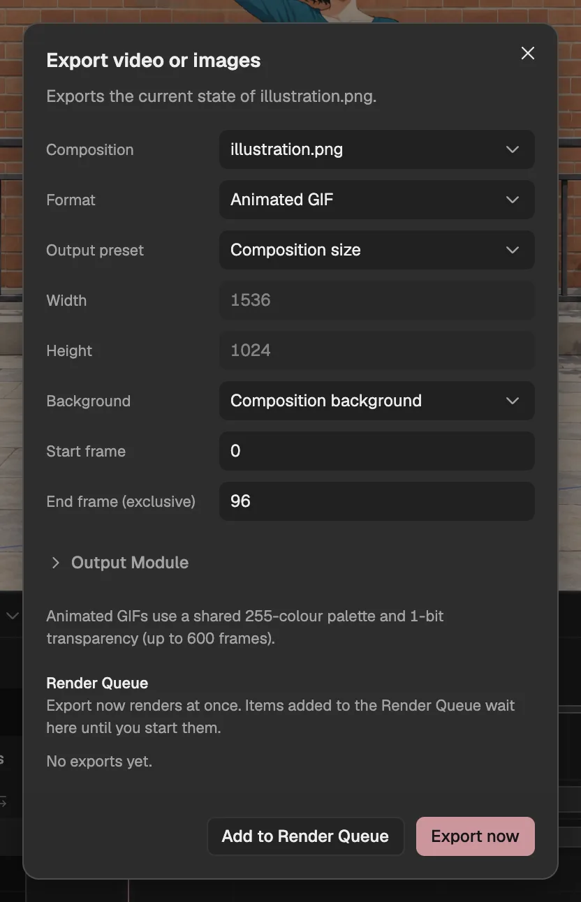 The Export dialog with Animated GIF chosen as the format