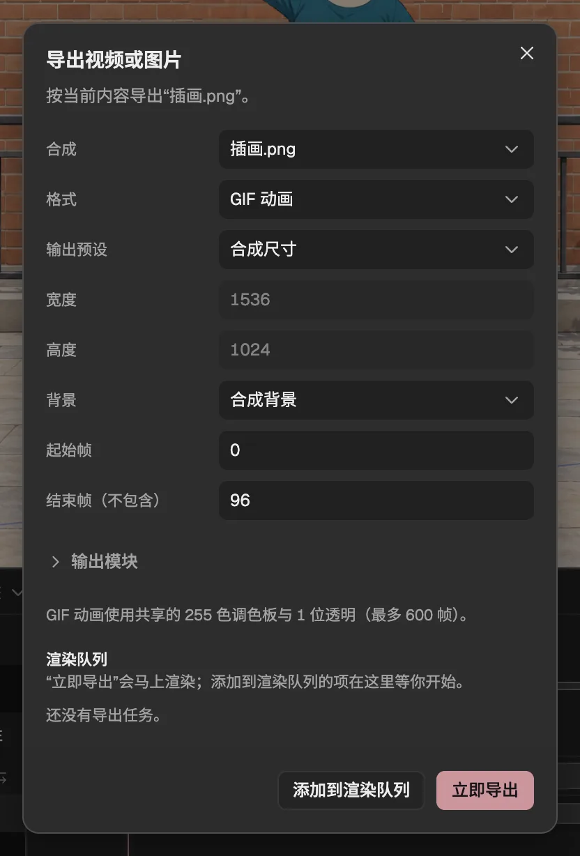 导出对话框，格式选为 GIF 动画