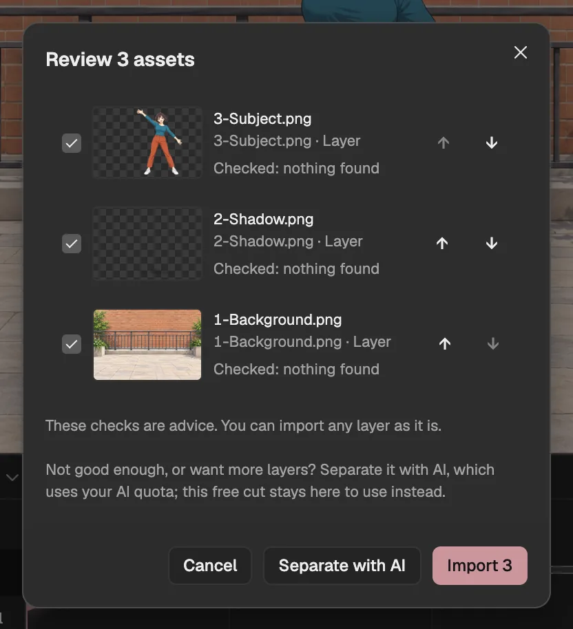 Review 3 assets: Subject, Shadow and Background, each checked, with Import 3