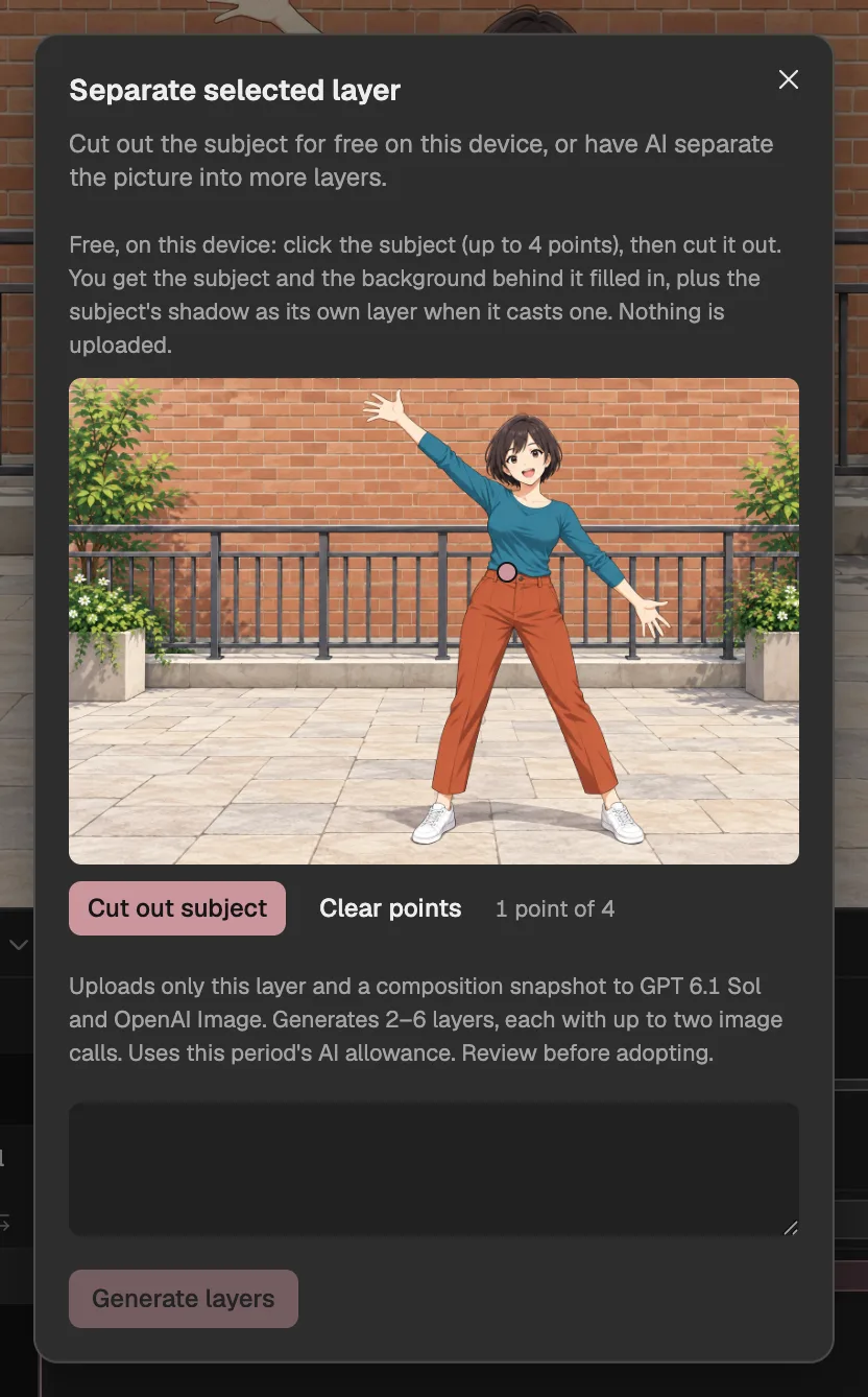 The Separate selected layer dialog with one point on the girl and Cut out subject ready