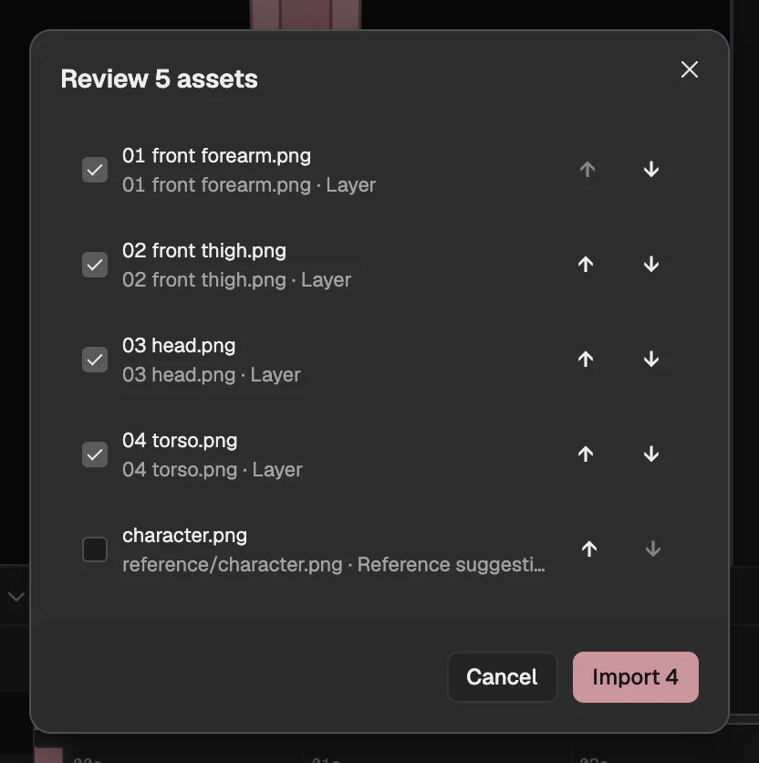 The review of an imported folder: four parts ticked as layers, and the whole picture from the reference folder left out.