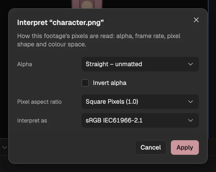 The Interpret Footage dialog for a picture, with its Alpha, Pixel aspect ratio and Interpret as settings.
