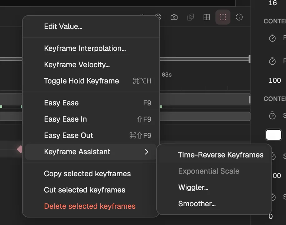The keyframe menu of a Position keyframe, with Keyframe Assistant open beside it.