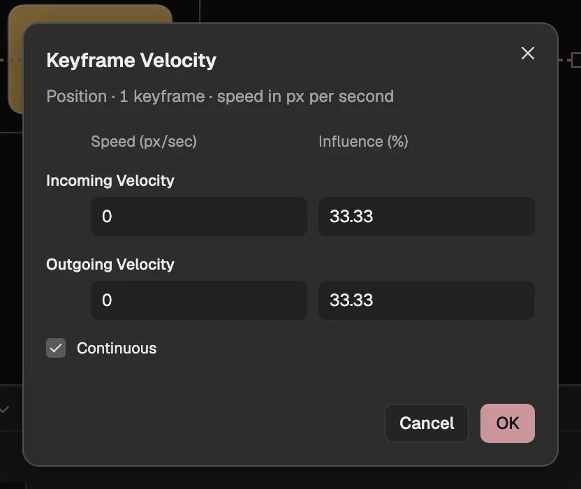 The Keyframe Velocity dialog for an eased Position keyframe, with speed 0 and the Easy Ease influence on both sides.
