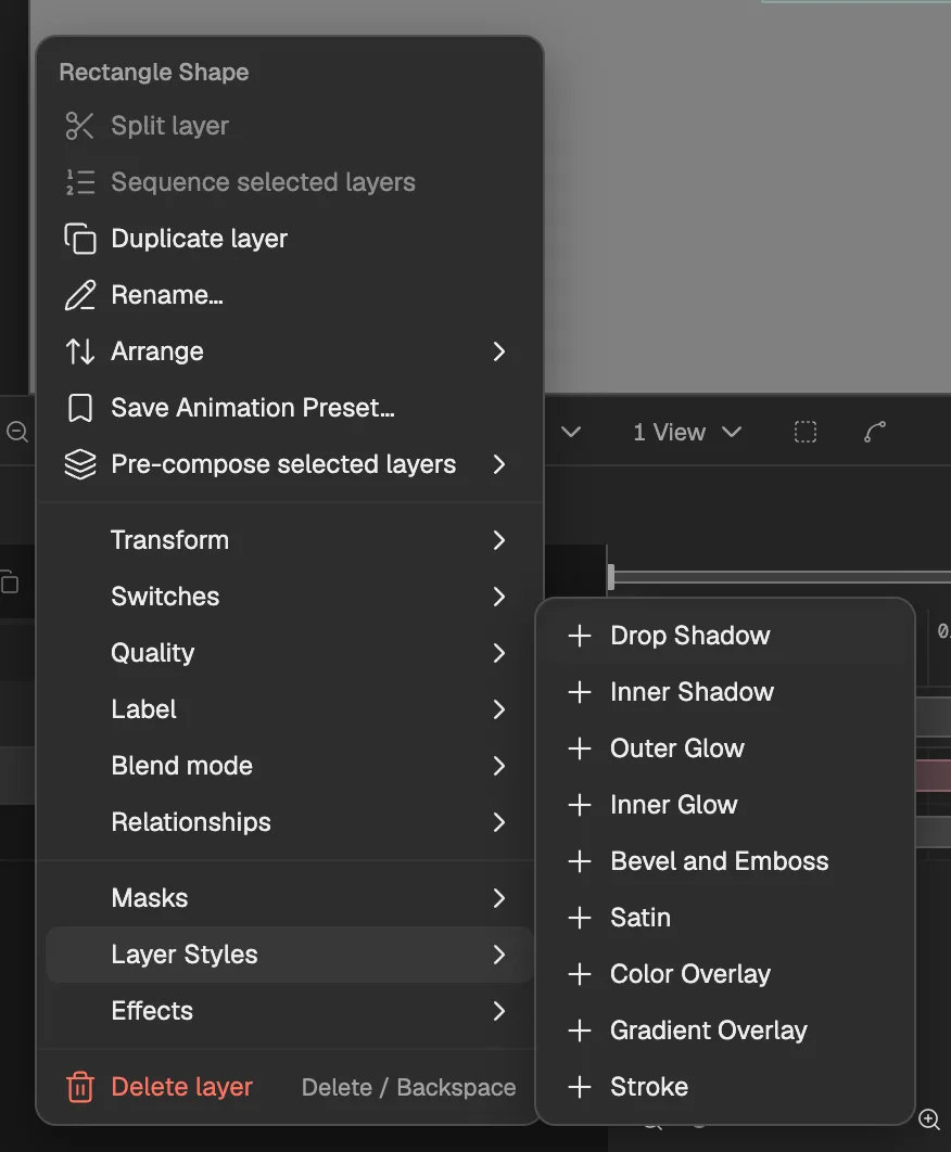 A layer’s right-click menu with Layer Styles open: Drop Shadow, Inner Shadow, Outer Glow, Inner Glow, Bevel and Emboss, Satin, Color Overlay, Gradient Overlay and Stroke.