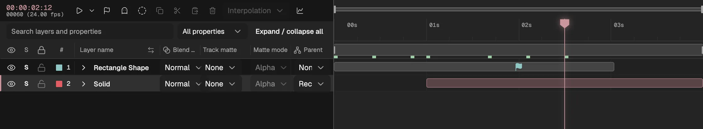 The Timeline with the Modes columns shown: the rectangle ends at 3 seconds and has a marker at 2 seconds; the solid starts at 1 second and has the rectangle as its parent.