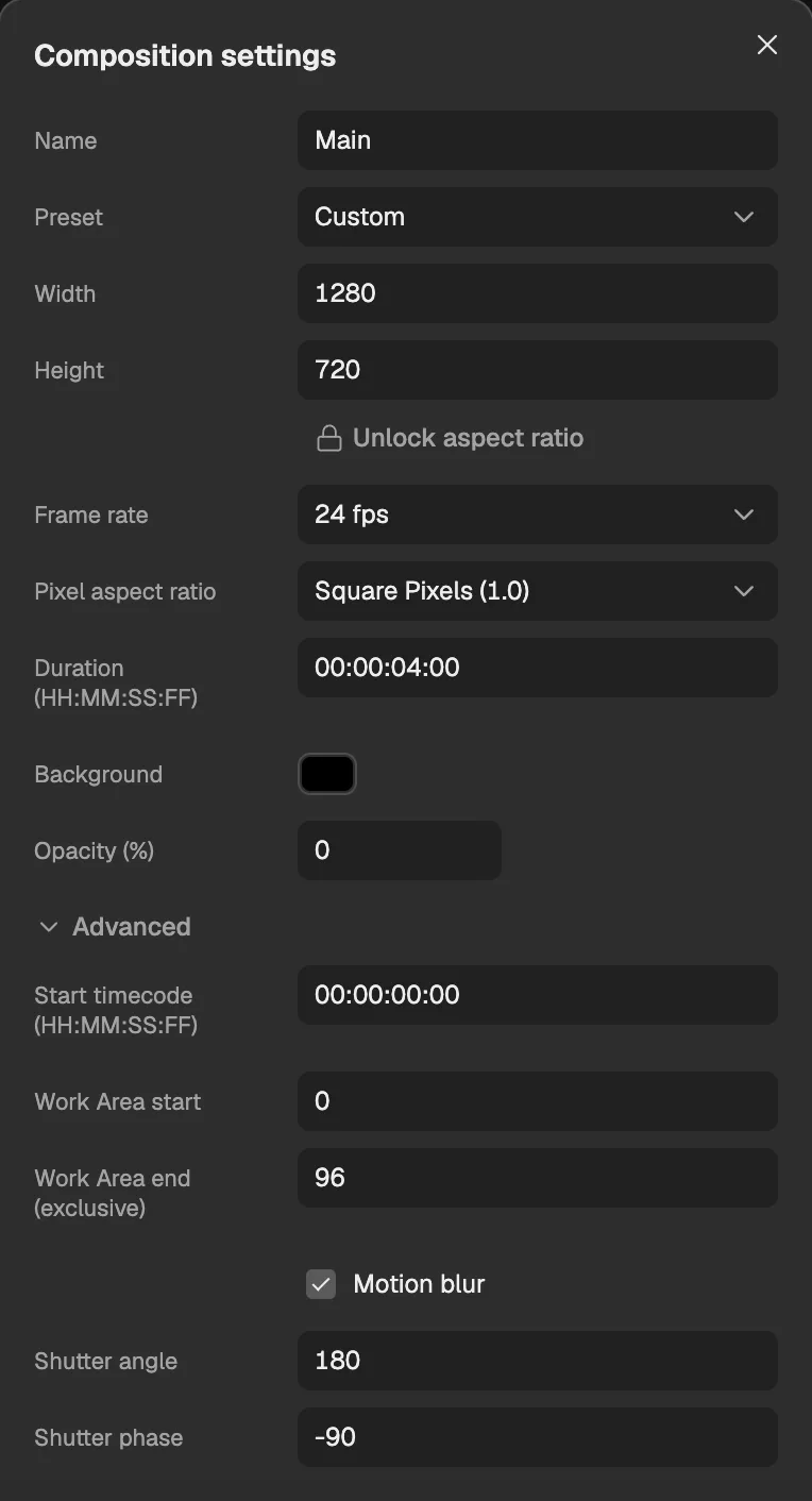 The Advanced part of Composition settings, with motion blur on and the default shutter.