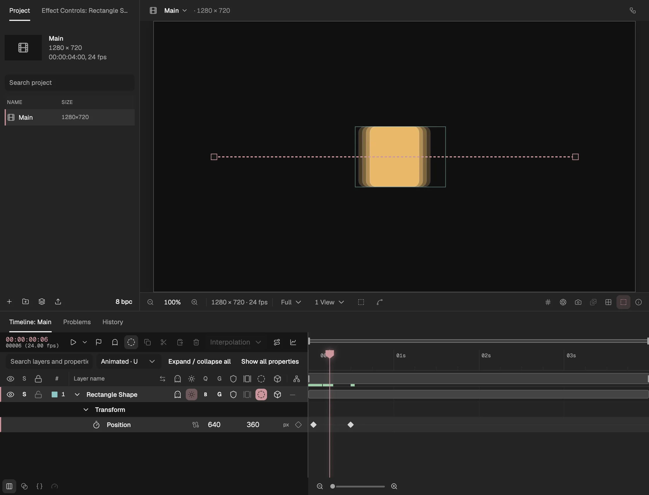 A rectangle crossing the composition fast, blurred along its path, with its motion blur switch and the composition’s switch on.