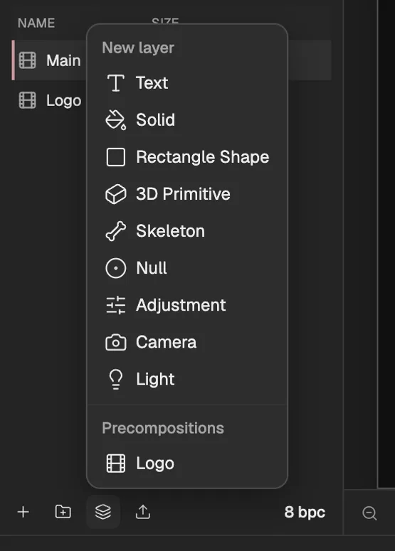 The New layer menu open over the Project panel: Text, Solid, Rectangle Shape, 3D Primitive, Skeleton, Null, Adjustment, Camera and Light, then another composition under Precompositions.