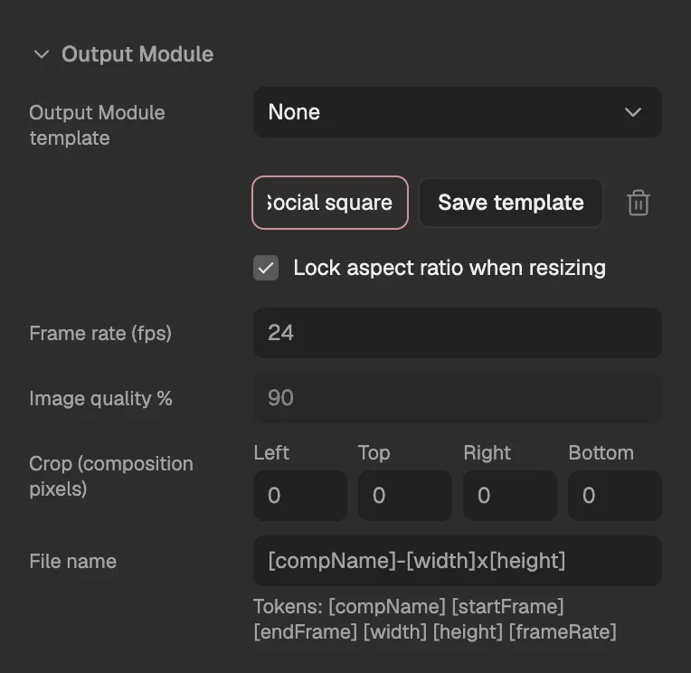 The Output Module open in the Export dialog, with a template name typed beside the template menu.