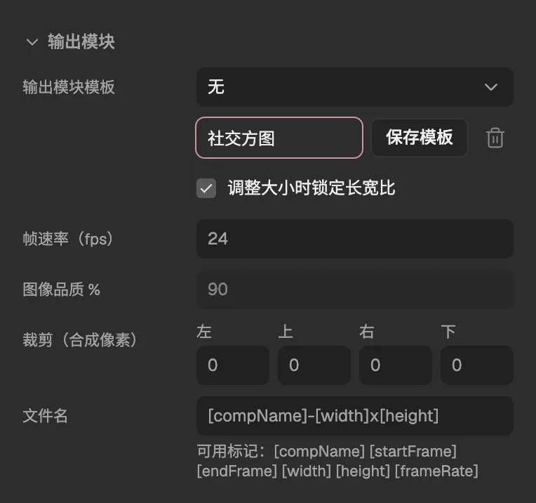 导出对话框里展开的输出模块,模板菜单旁已输入一个模板名。