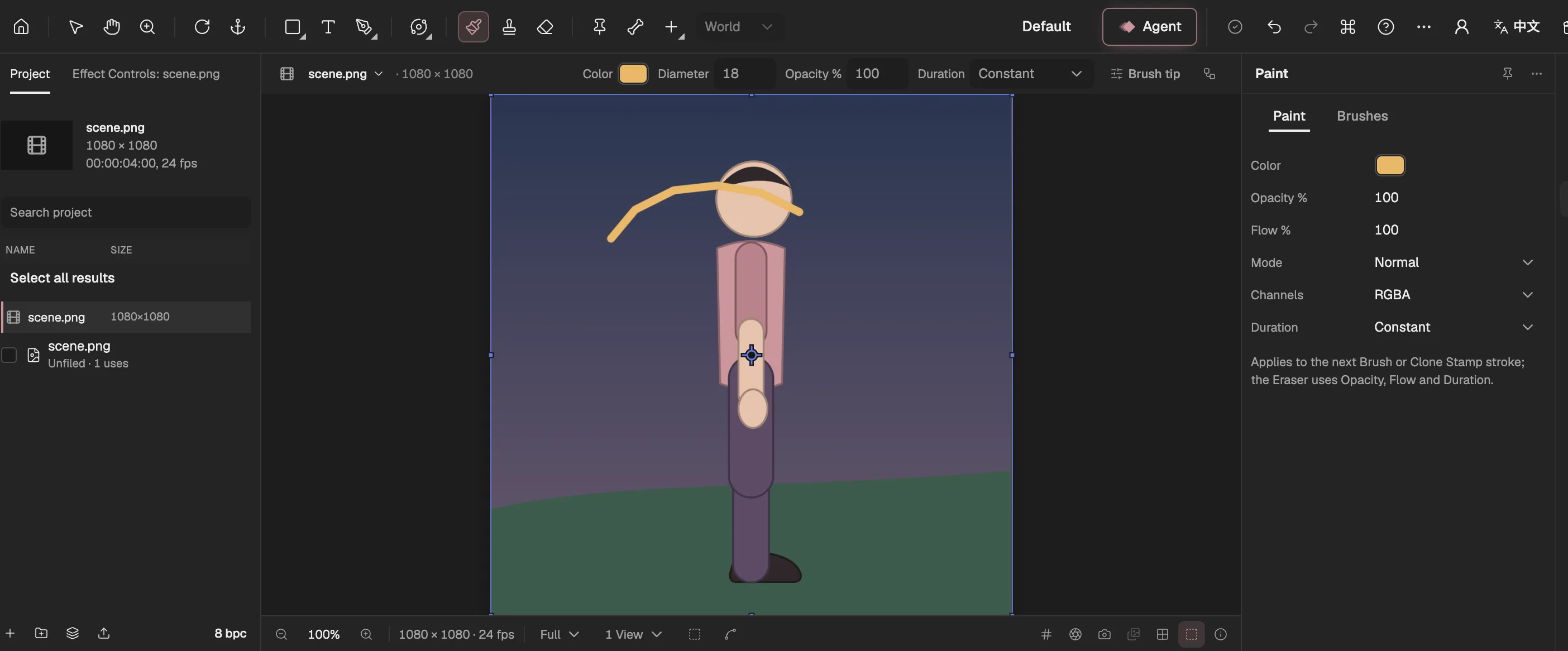 A warm stroke painted across a picture of a character in the Composition Viewer, with the Brush tool selected, its options above the Viewer and the Paint panel open on the right.