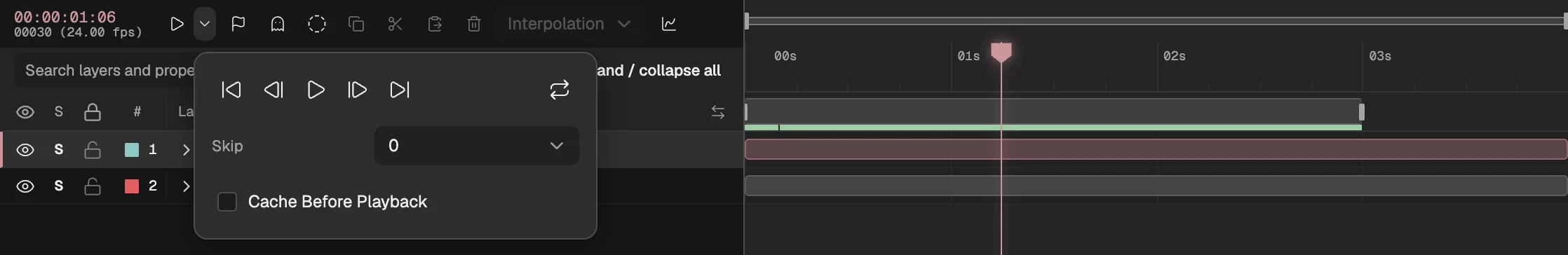 The Timeline after one pass of playback: Preview options open beside Play, and a green line along the work area bar for the frames in memory.
